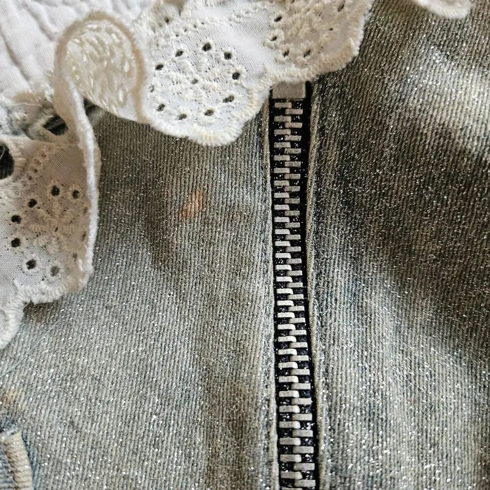 Sold - Euro Sparkly Denim Top Cropped White Eyelet Detail - Size Small - Picture 6 of 8